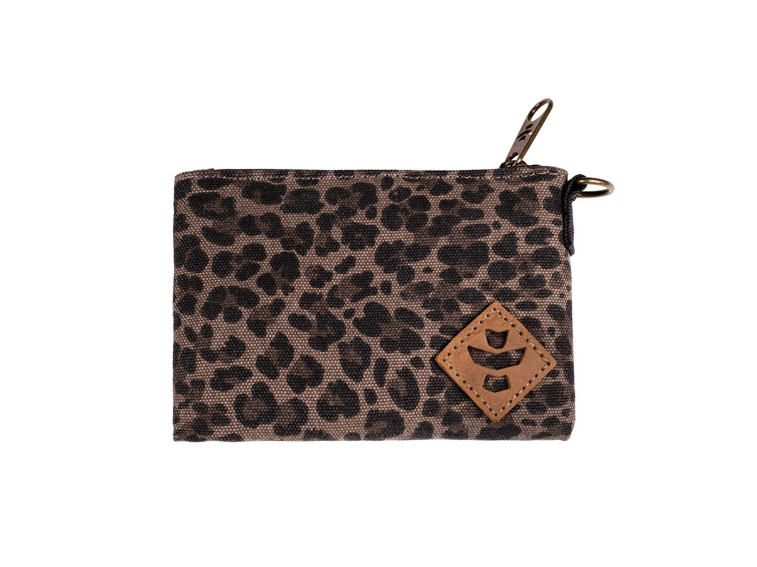 Leopard print pouch with a brown leather patch on a white background