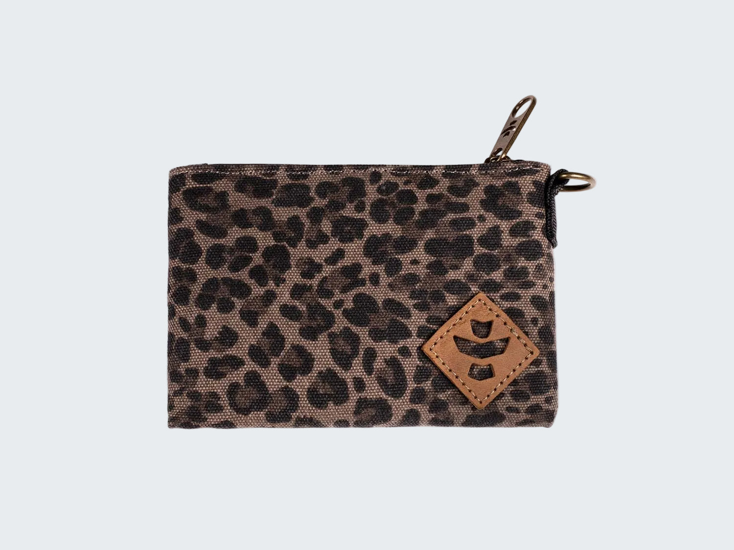 Leopard print pouch with a brown leather patch on a white background