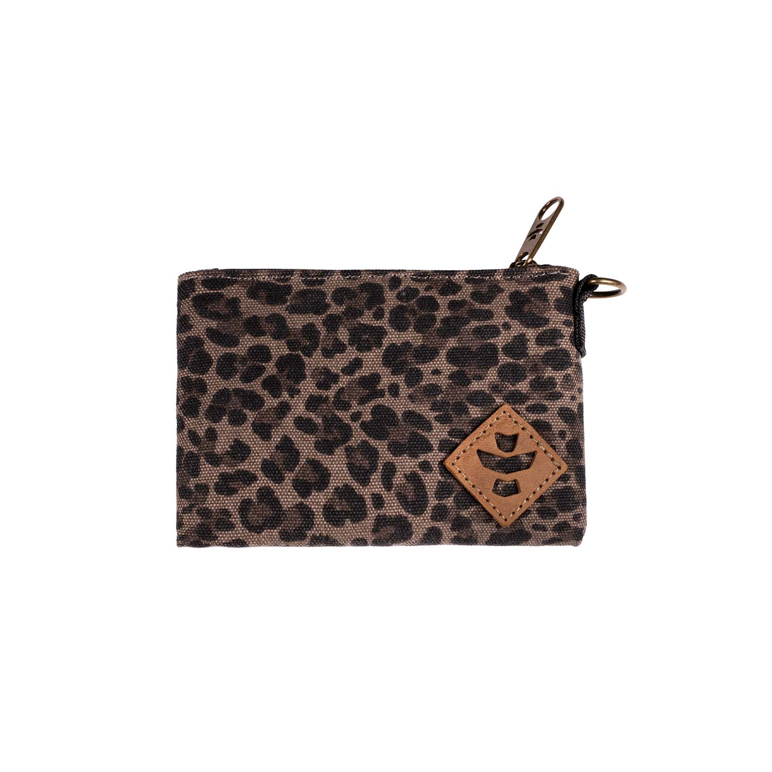 Leopard print pouch with a brown leather patch on a white background