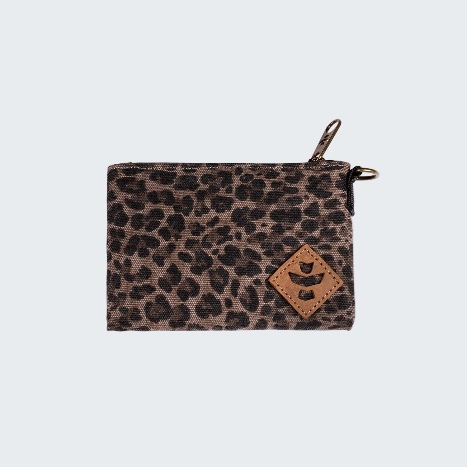 Leopard print pouch with a brown leather patch on a white background