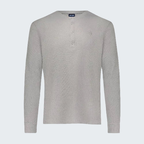 Light gray long-sleeve henley shirt on a white background