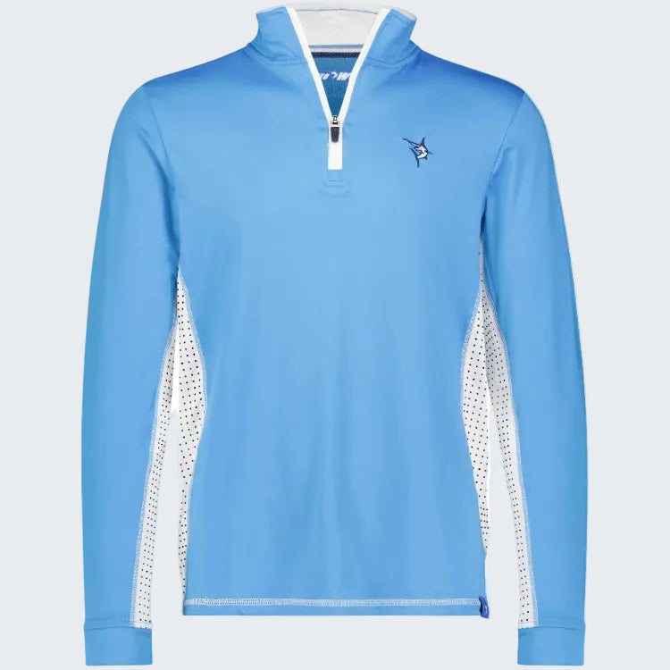 Light blue long-sleeve shirt with white mesh panels on a white background