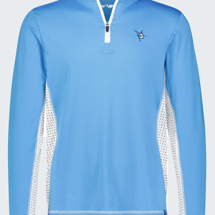 Light blue long-sleeve shirt with white mesh panels on a white background