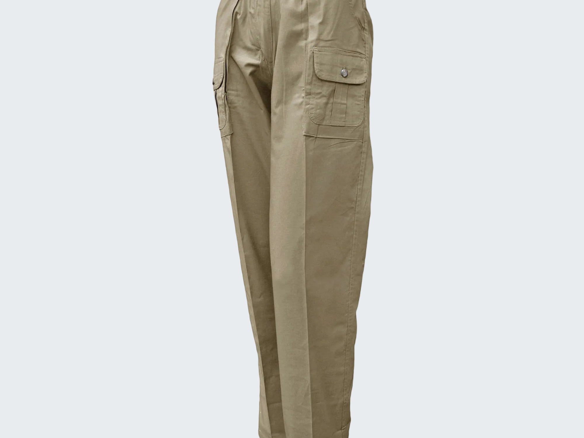 Khaki pants with multiple pockets on a white background