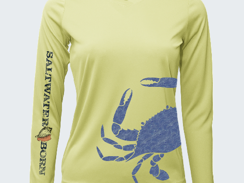 Yellow long-sleeve shirt with blue crab design and 'Saltwater Born' text on a white background