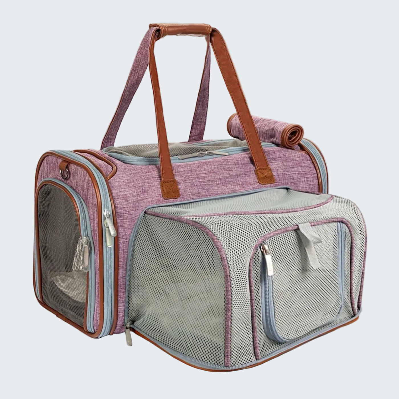 Pet carrier with pink and gray design on a white background