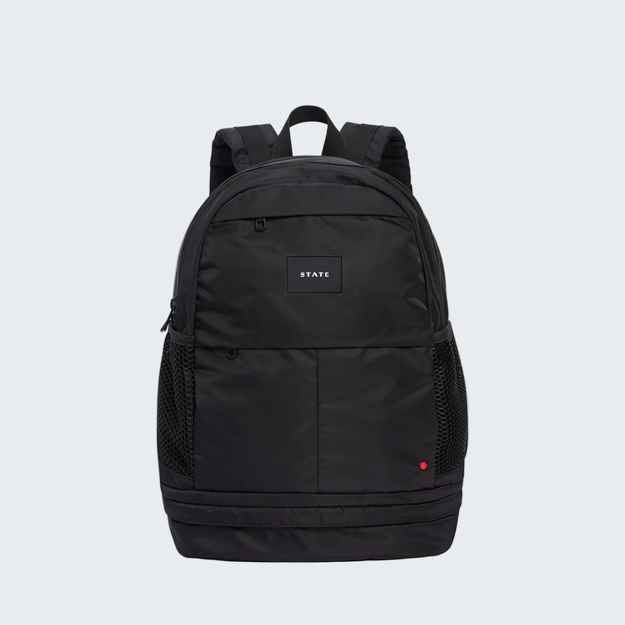 Black backpack with a visible brand logo on a white background