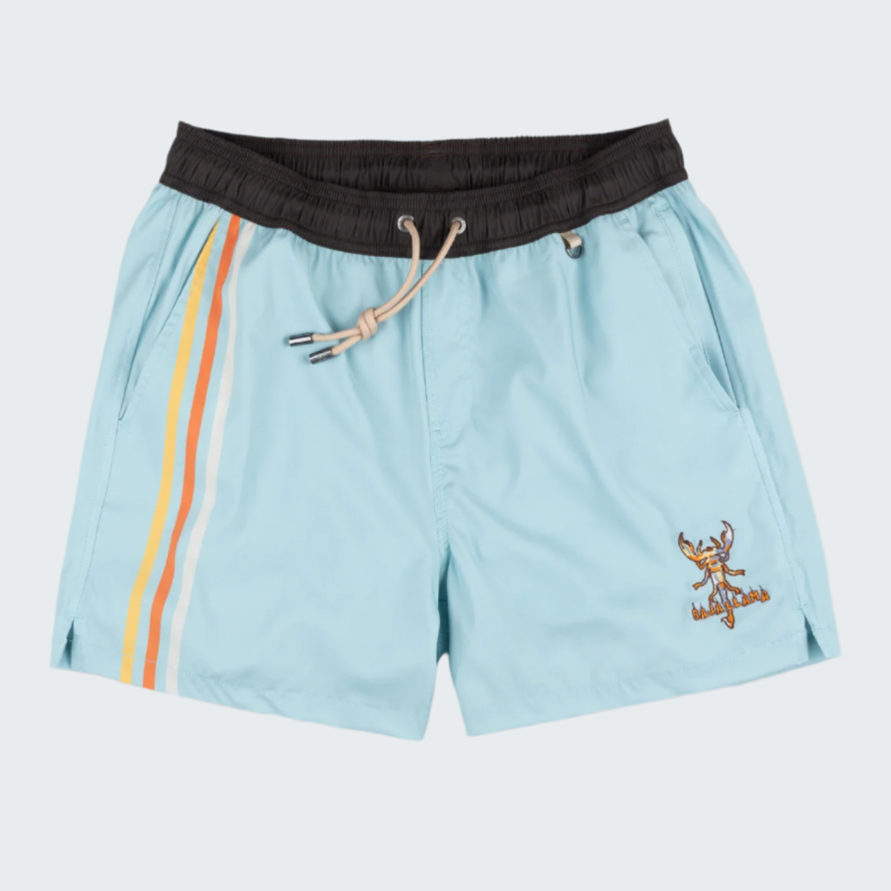 Light blue shorts with black waistband, colorful stripes, and a logo on a white background