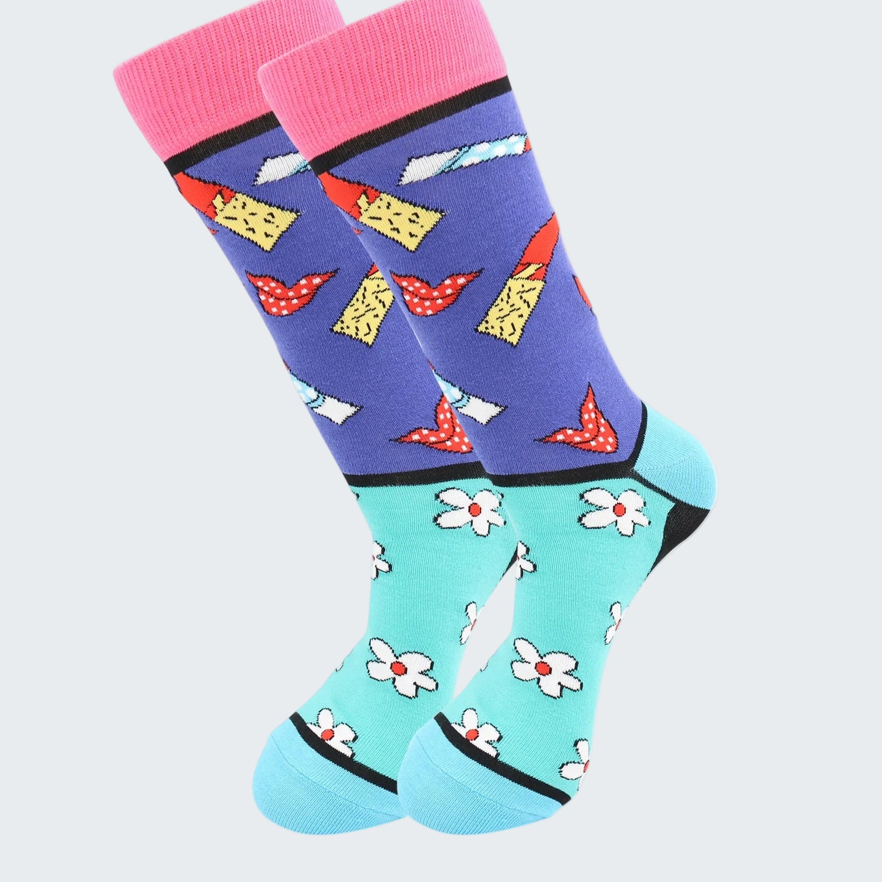 Colorful socks with different patterns on a white background