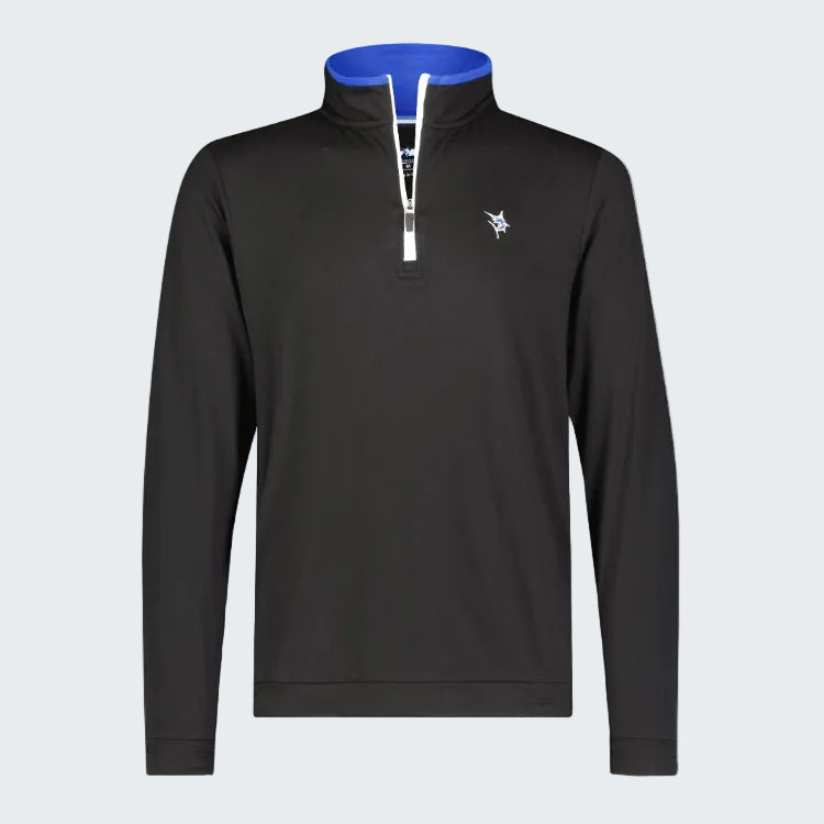 Black long-sleeve shirt with a white zipper and blue collar on a white background
