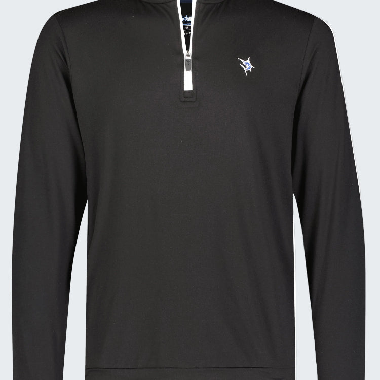 Black long-sleeve shirt with a white zipper and blue collar on a white background