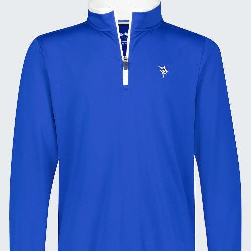 Blue pullover with a small logo on a white background