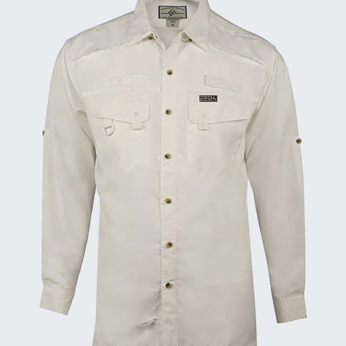 Beige button-up shirt on a white background