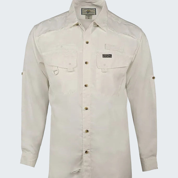 Beige button-up shirt on a white background