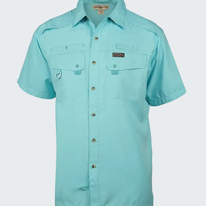Light blue short-sleeve shirt with button details on a white background