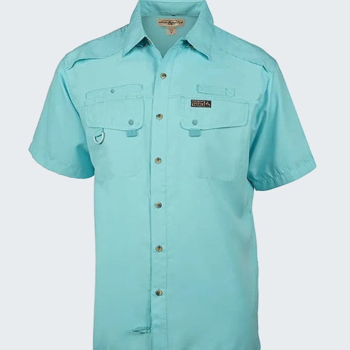 Light blue short-sleeve shirt with button details on a white background