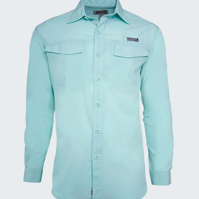 Light blue button-up shirt with a brand logo on a white background