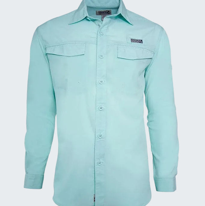 Light blue button-up shirt with a brand logo on a white background