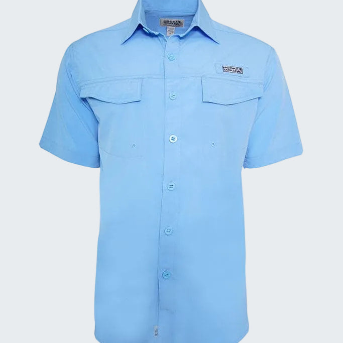 Light blue short-sleeve shirt with button details on a white background