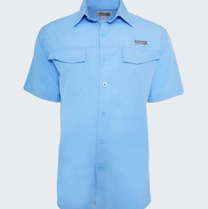 Light blue short-sleeve shirt with button details on a white background