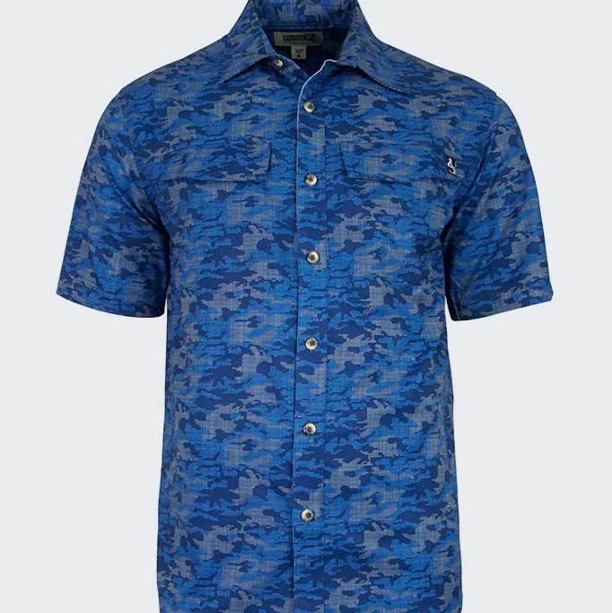 Blue camouflage patterned shirt on a white background