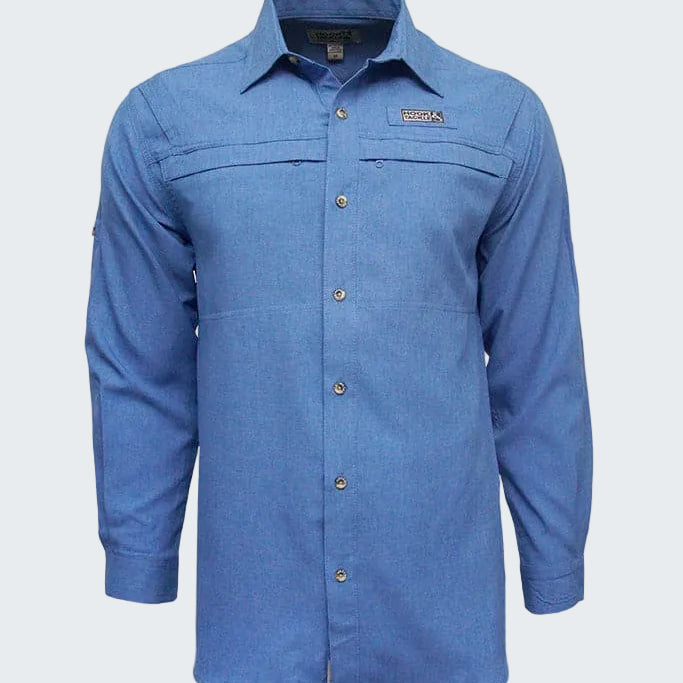 Blue button-up shirt with brand logo on a white background