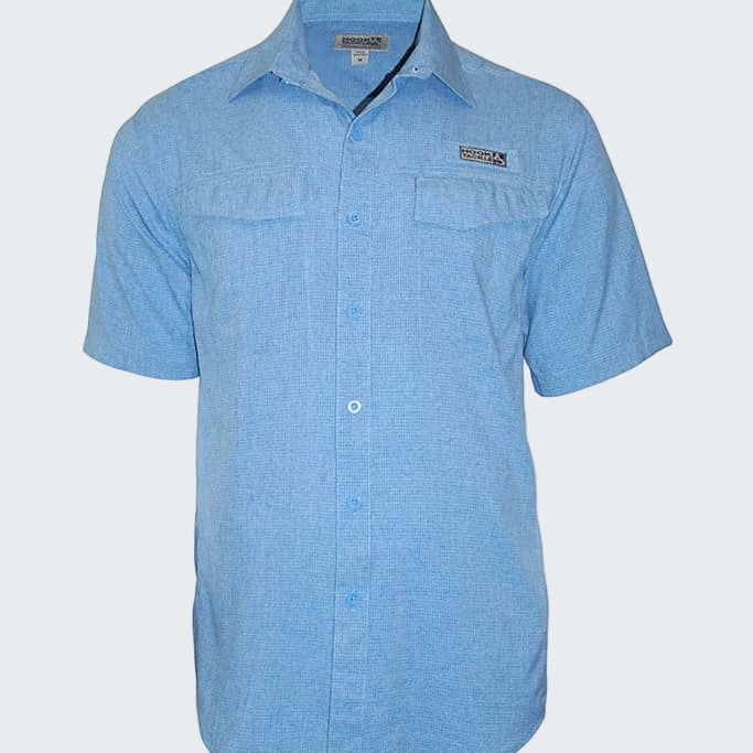 Blue short-sleeve shirt with a brand logo on a white background
