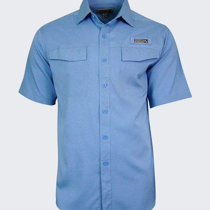 Blue short-sleeve shirt with a brand logo on a white background