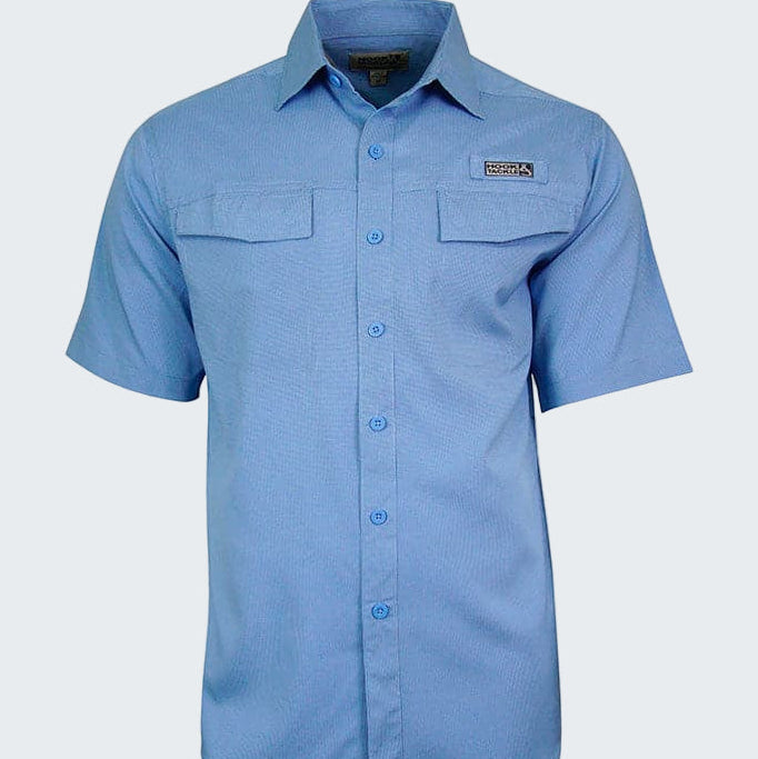 Blue short-sleeve shirt with a brand logo on a white background