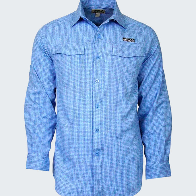 Blue checkered shirt with a brand logo on a white background