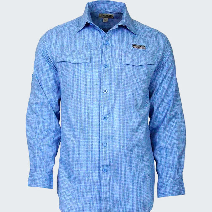 Blue checkered shirt with a brand logo on a white background