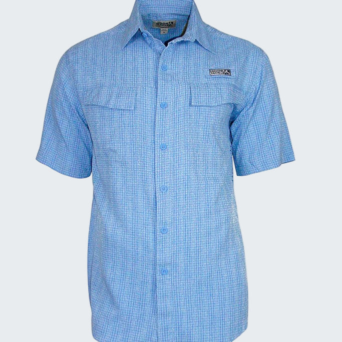 Blue checkered short-sleeve shirt on a white background