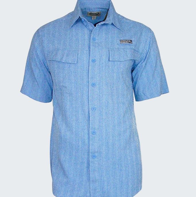 Blue checkered short-sleeve shirt on a white background