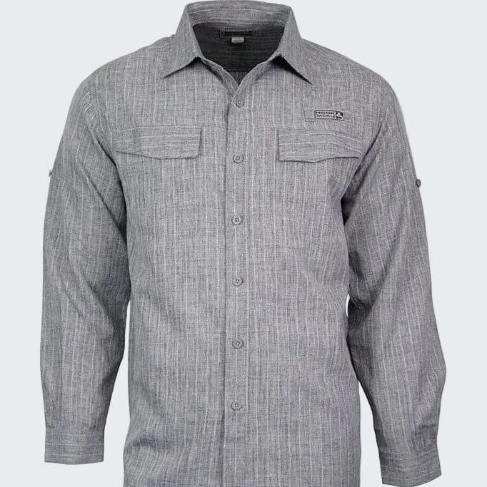 Gray checkered shirt with a brand logo on a white background