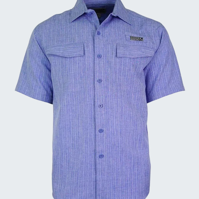 Blue short-sleeve shirt with a brand logo on a white background