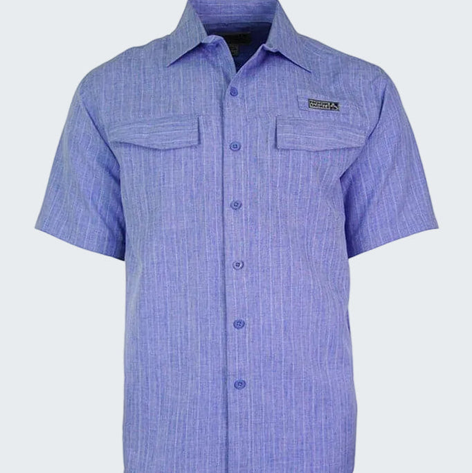 Blue short-sleeve shirt with a brand logo on a white background