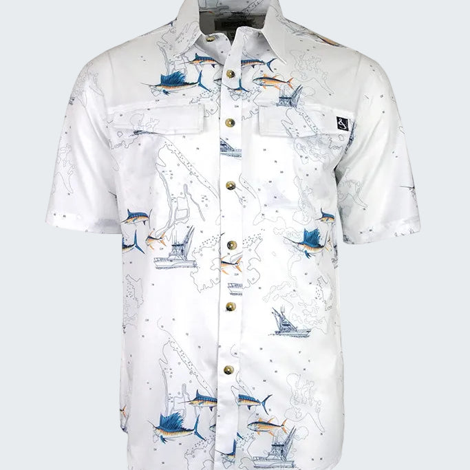 White shirt with fish pattern on a white background