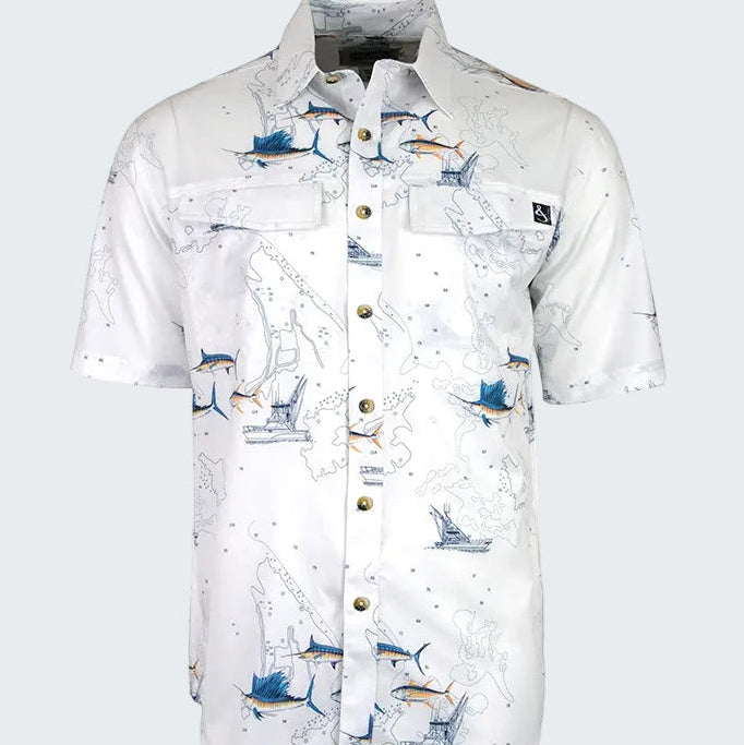 White shirt with fish pattern on a white background