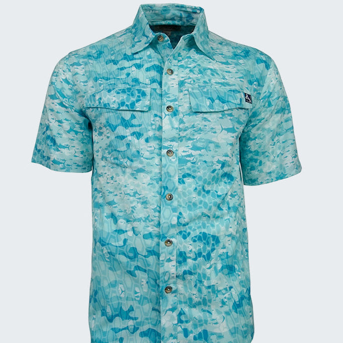 Blue camouflage patterned shirt on a white background