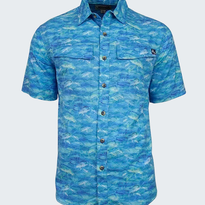 Blue patterned shirt on a white background
