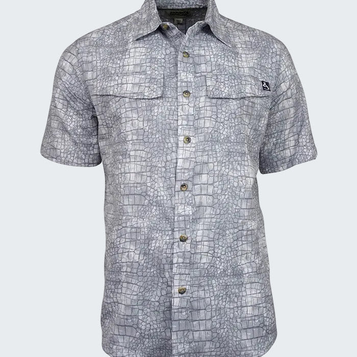 Short-sleeve shirt with a geometric pattern on a white background