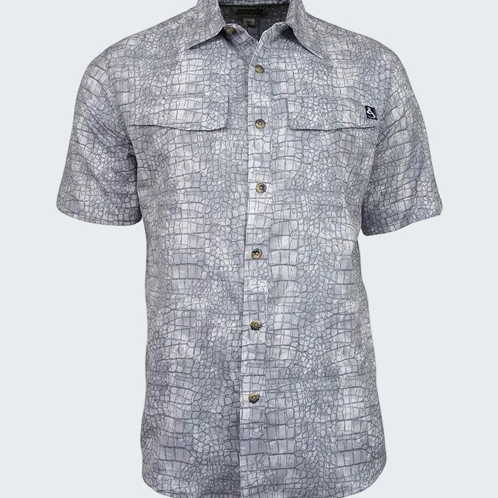 Short-sleeve shirt with a geometric pattern on a white background