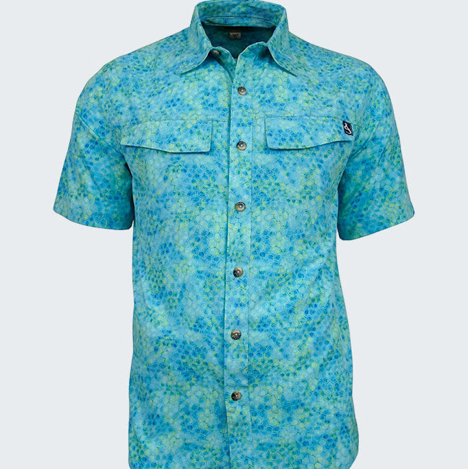 Blue patterned shirt with a brand logo on a white background