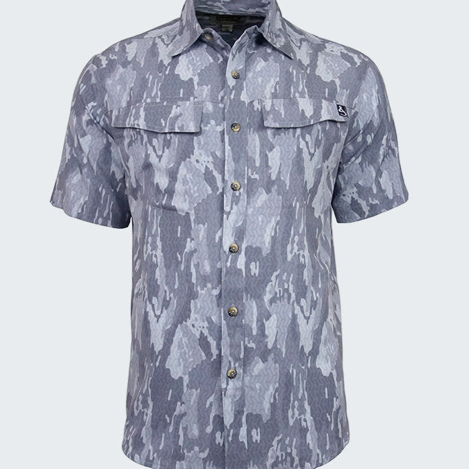 Short-sleeve button-up shirt with camouflage pattern on a white background
