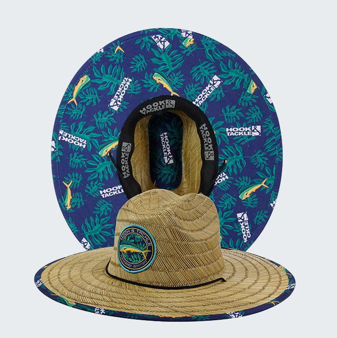Tan straw hat with blue patterned headband on a white background