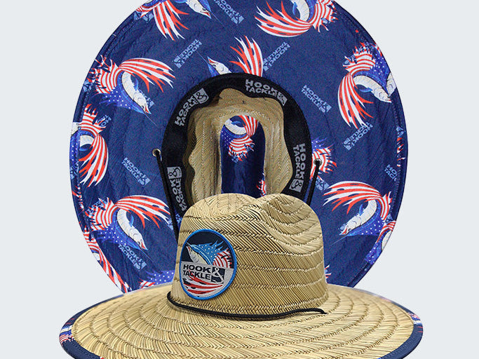 Straw hat with American flag design on a blue background
