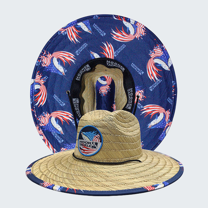 Straw hat with American flag design on a blue background