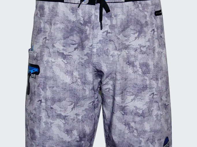 Camouflage-patterned shorts with a black waistband and blue accents on a white background