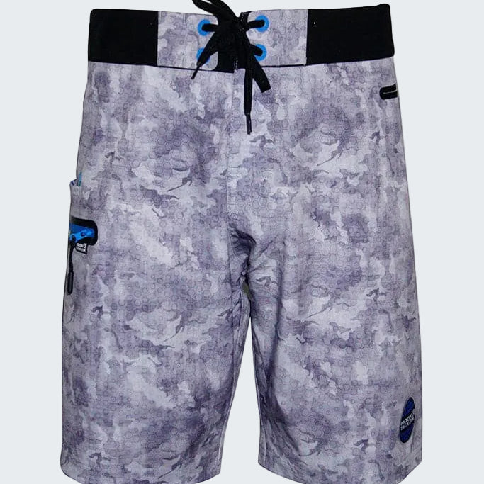 Camouflage-patterned shorts with a black waistband and blue accents on a white background