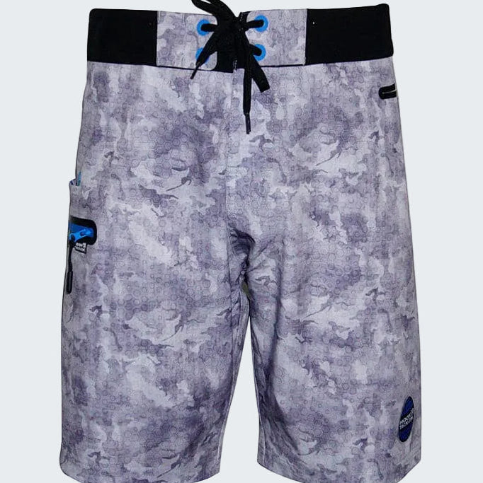 Camouflage-patterned shorts with a black waistband and blue accents on a white background